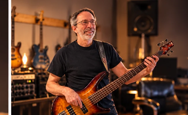 Joe, bass player, smiling as he plays a sunburst bass guitar in a warmly lit studio